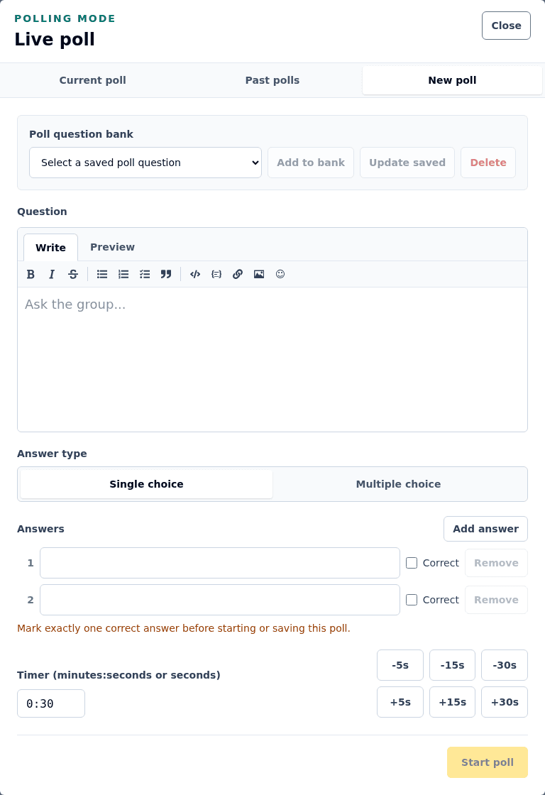 Ed.ie poll builder with answer choices, timing, and solution settings