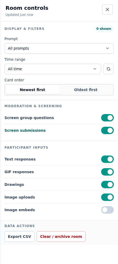 Ed.ie room controls for response formats, screening, filtering, and display settings