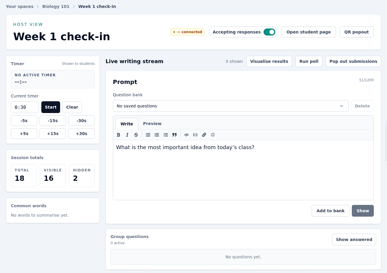 Ed.ie host dashboard showing a live classroom prompt, response controls, timer, and session totals